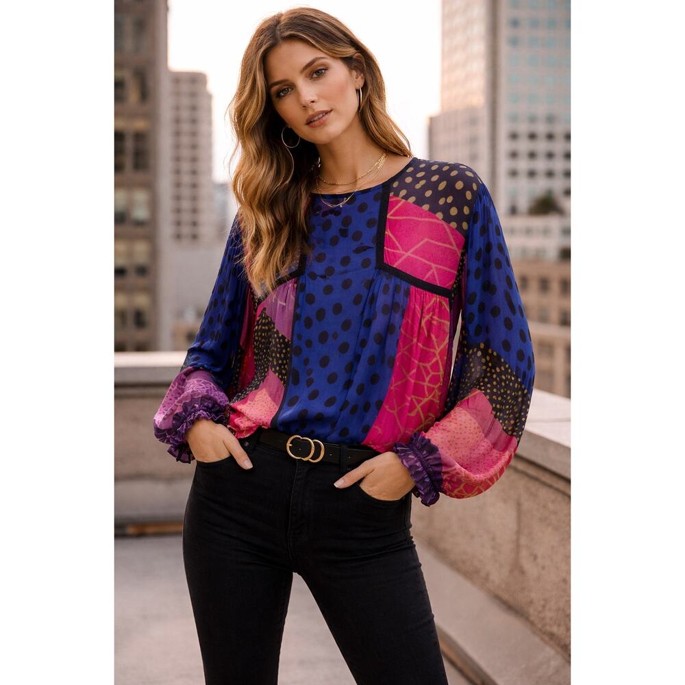 Blank London Blouse L Colorblock Sheer Top Boho Patchwork Polka Dot Statement